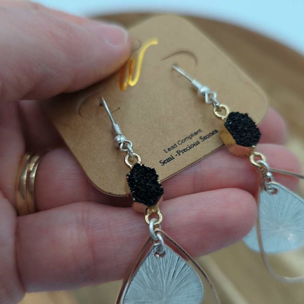 W New dangle earrings silver gold tone semi precious‎ stone teardrop - Picture 3 of 3